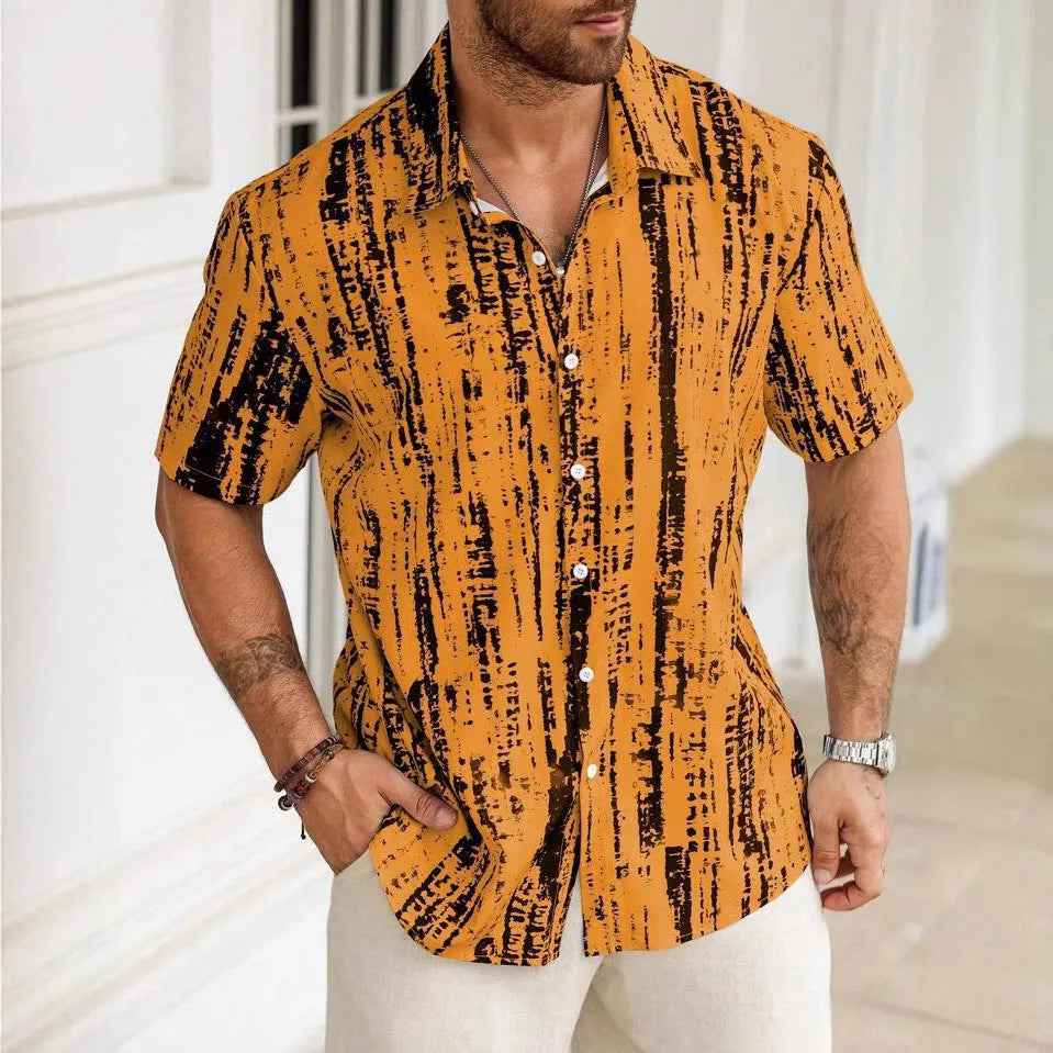 Man wearing a blue striped 3D printed short sleeve casual summer shirt.