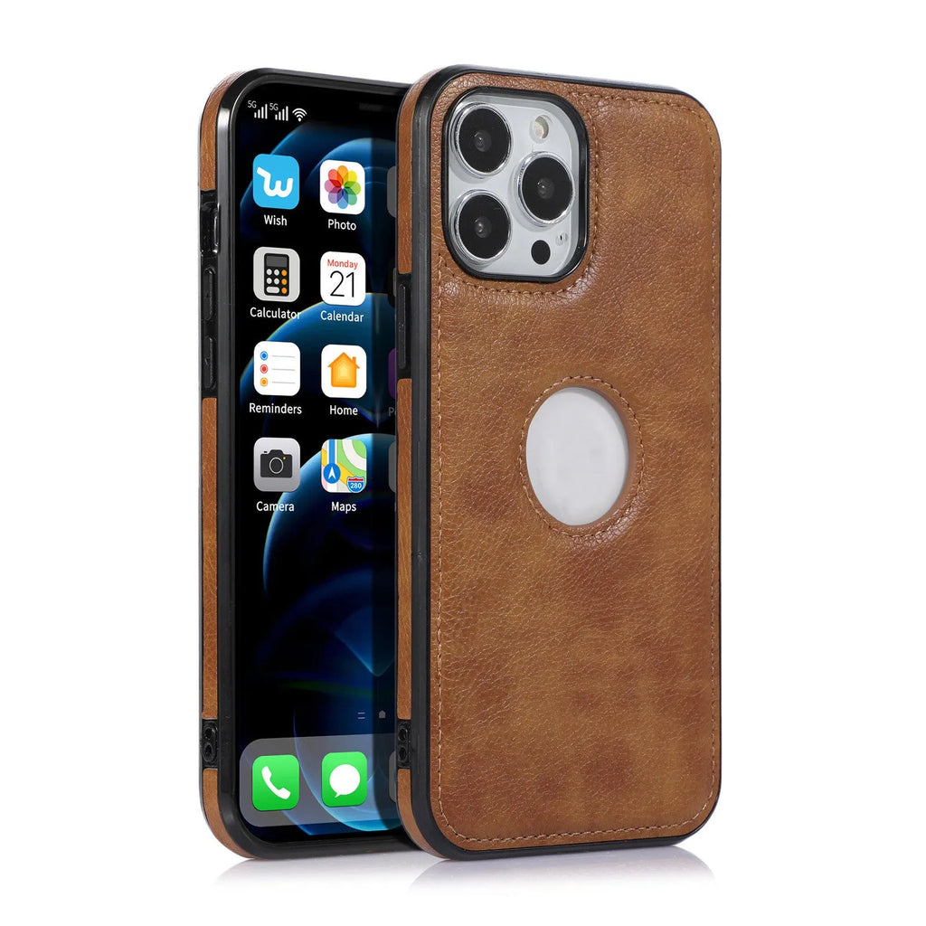 Imitation leather iPhone back cover case in black, brown, red, or blue for Apple 6G/6S to iPhone 14 Pro Max models
