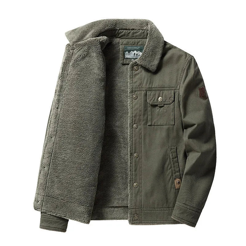 Men's fleece-lined cotton casual jacket with polo collar in khaki, regular fit, available in multiple sizes