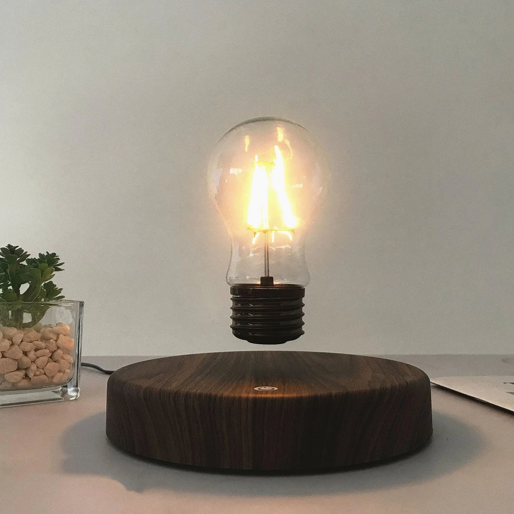 Magnetic levitation bulb night light with floating illumination and solid wood colour finish