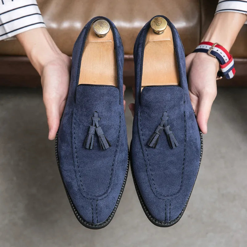 Men's suede matte leather shoes in purple or blue, flat heel, low tube, sizes 38-48, artificial PU upper, plastic sole.