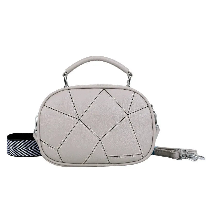 Gray three-layer patchwork small round bag with visible stitching, shown with beige, black, white, and blue colour options.