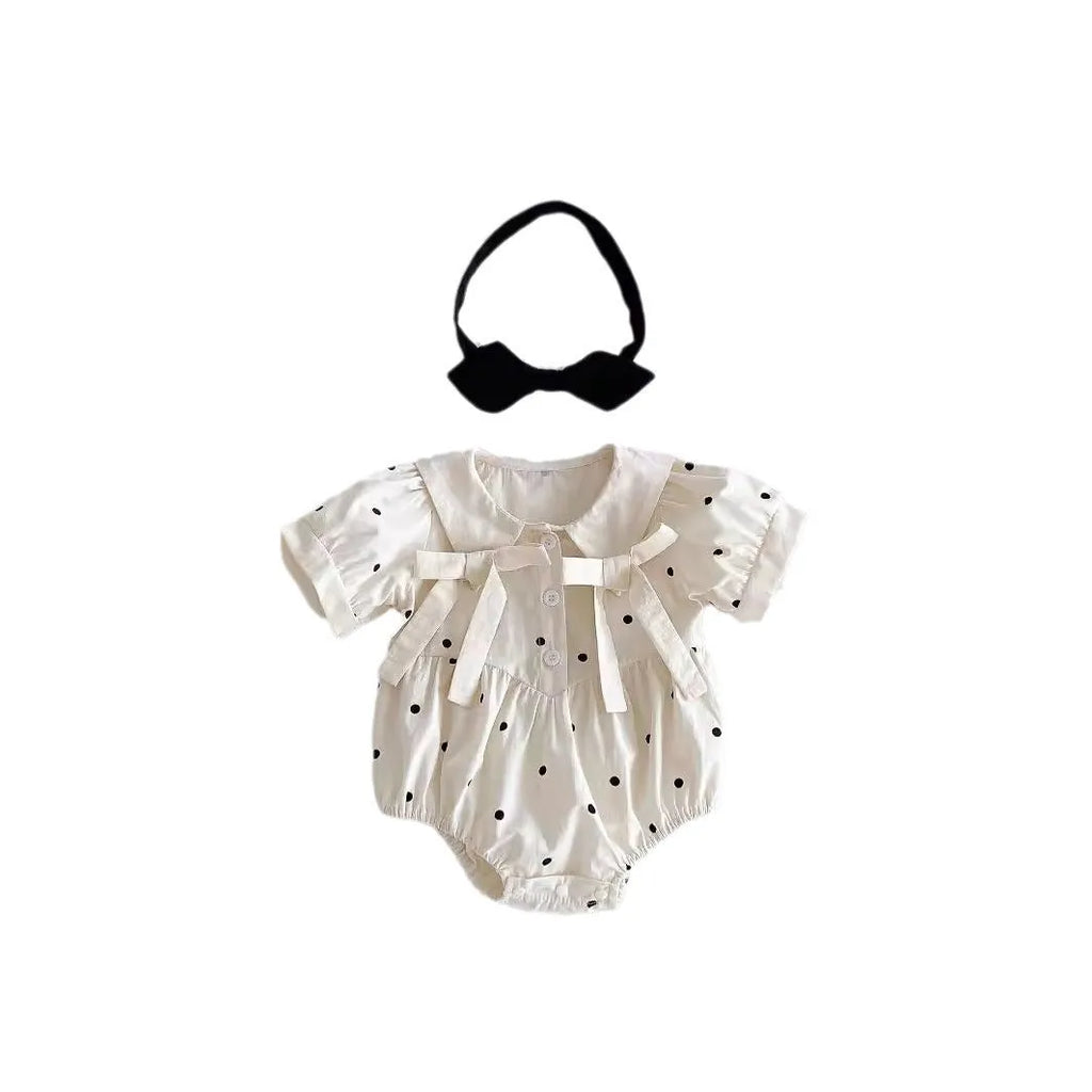 Girls' light beige polka dot jumpsuit with matching headband, Korean style, cotton, baby romper size 66-100cm