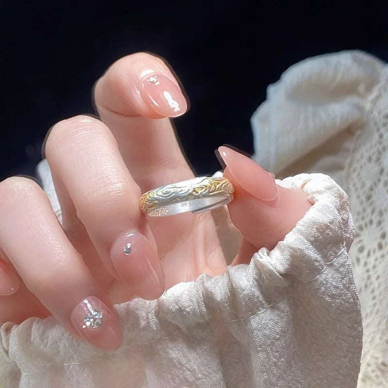 Open mouth geometric ring with Xiangyun pattern in silver gold electroplated finish on white copper