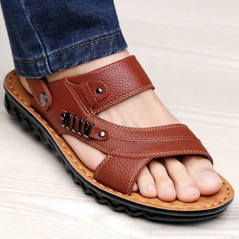 First layer cowhide men's open toe sandals with non-slip rubber sole, colour black