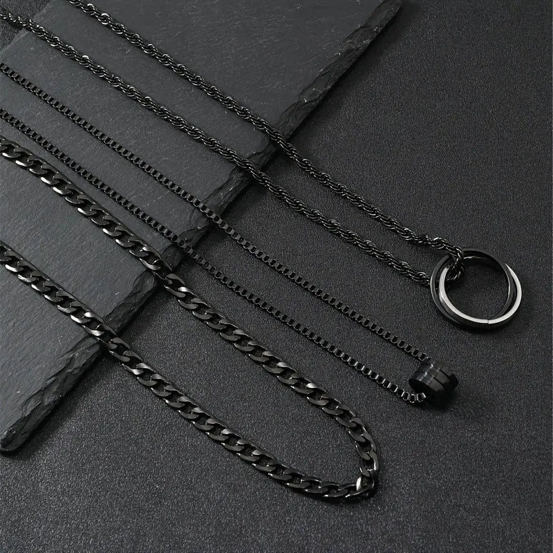 Men's black stainless steel necklace set with geometric titanium steel pendant and ring buckle.