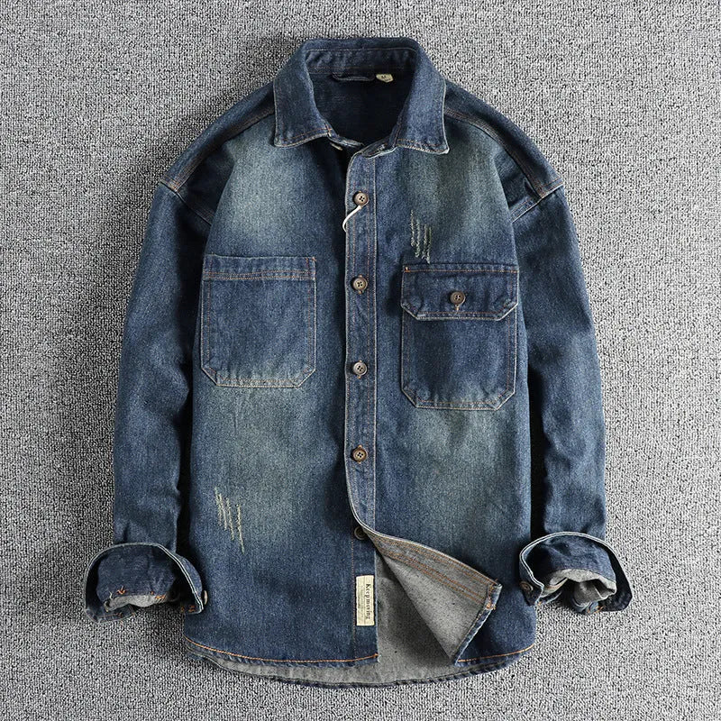 Men's light blue vintage washed denim shirt with long sleeves and loose cardigan style