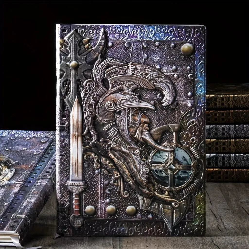 A5 leather notebook with an embossed 3D warriors relief design on the cover in bronze colour.