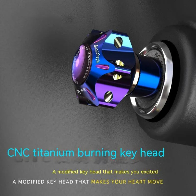 Motorcycle key head cover accessory in T6 aluminium with hexagonal, five-pointed star, and plum blossom design options