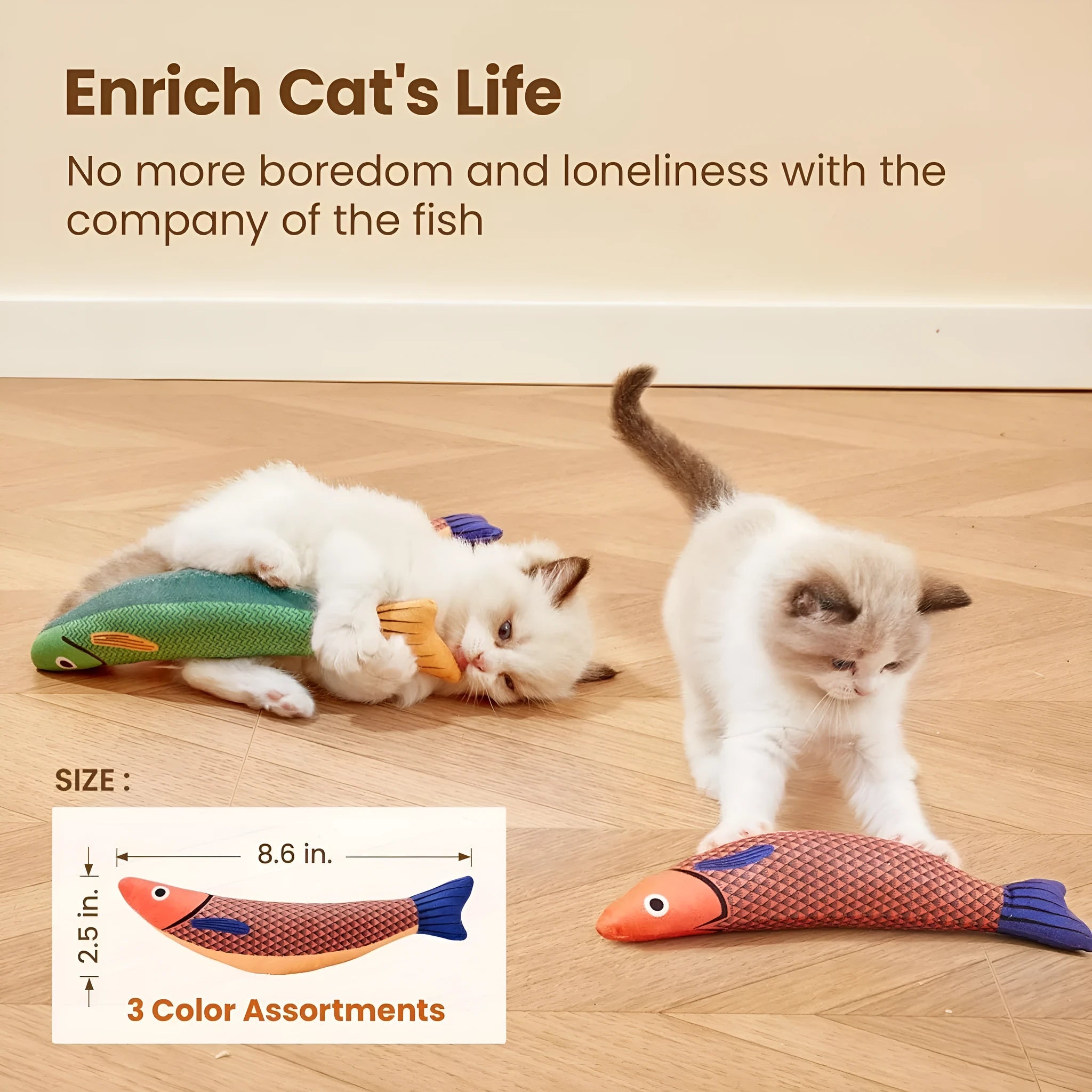 Soft plush saury fish cat toy with organic catnip filling in green, orange, and yellow colours