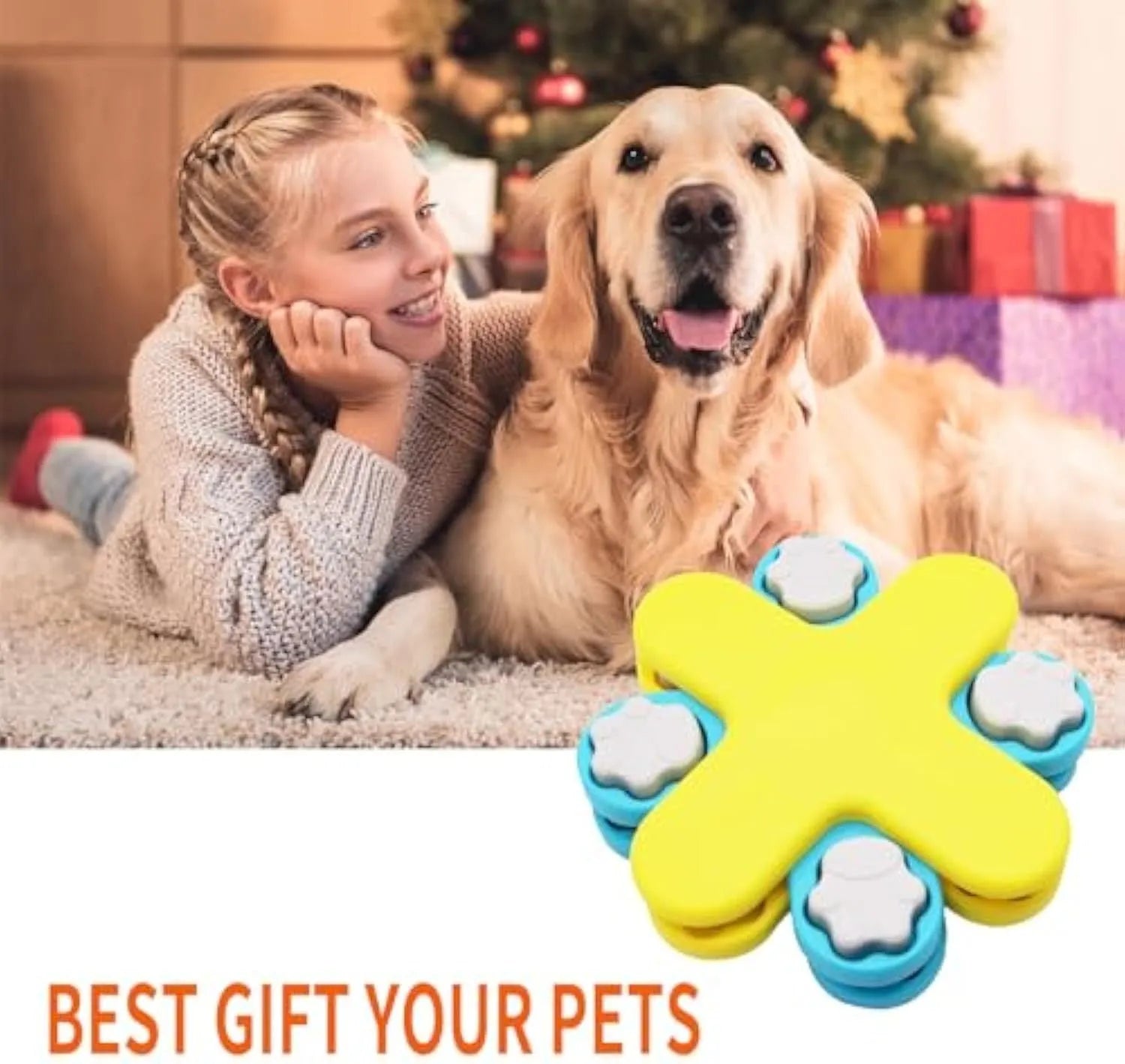 Yellow three-layer rotating dog puzzle feeder toy with removable lids and non-slip base
