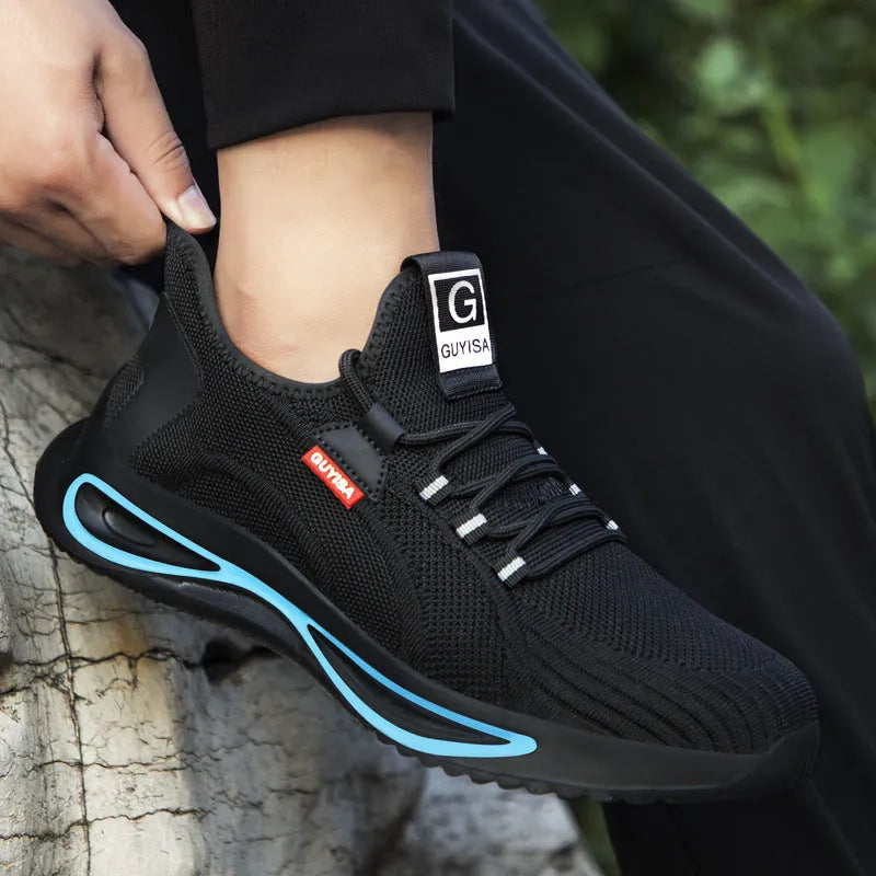 Men steel toe work safety shoes black with blue trim, lace-up low top, fly weave upper and PU sole