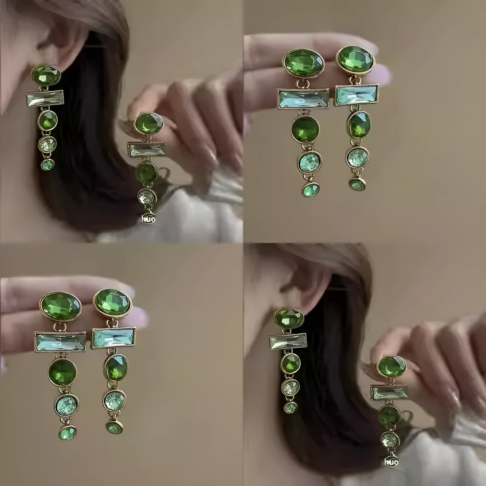 A pair of green gradient geometric drop earrings with inlaid zircon stones and a dangling tassel detail.