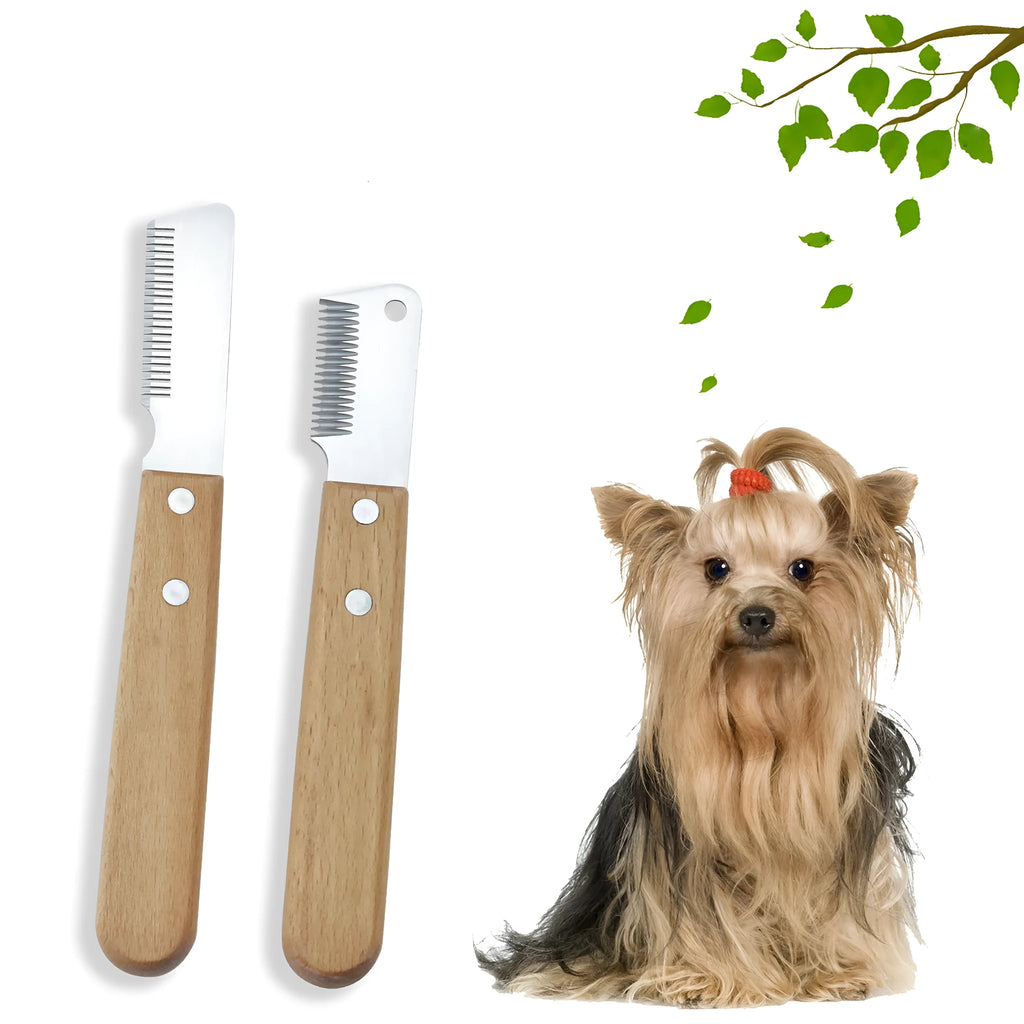 Pet stripping comb grooming tool with wood handle shown in long and short size options
