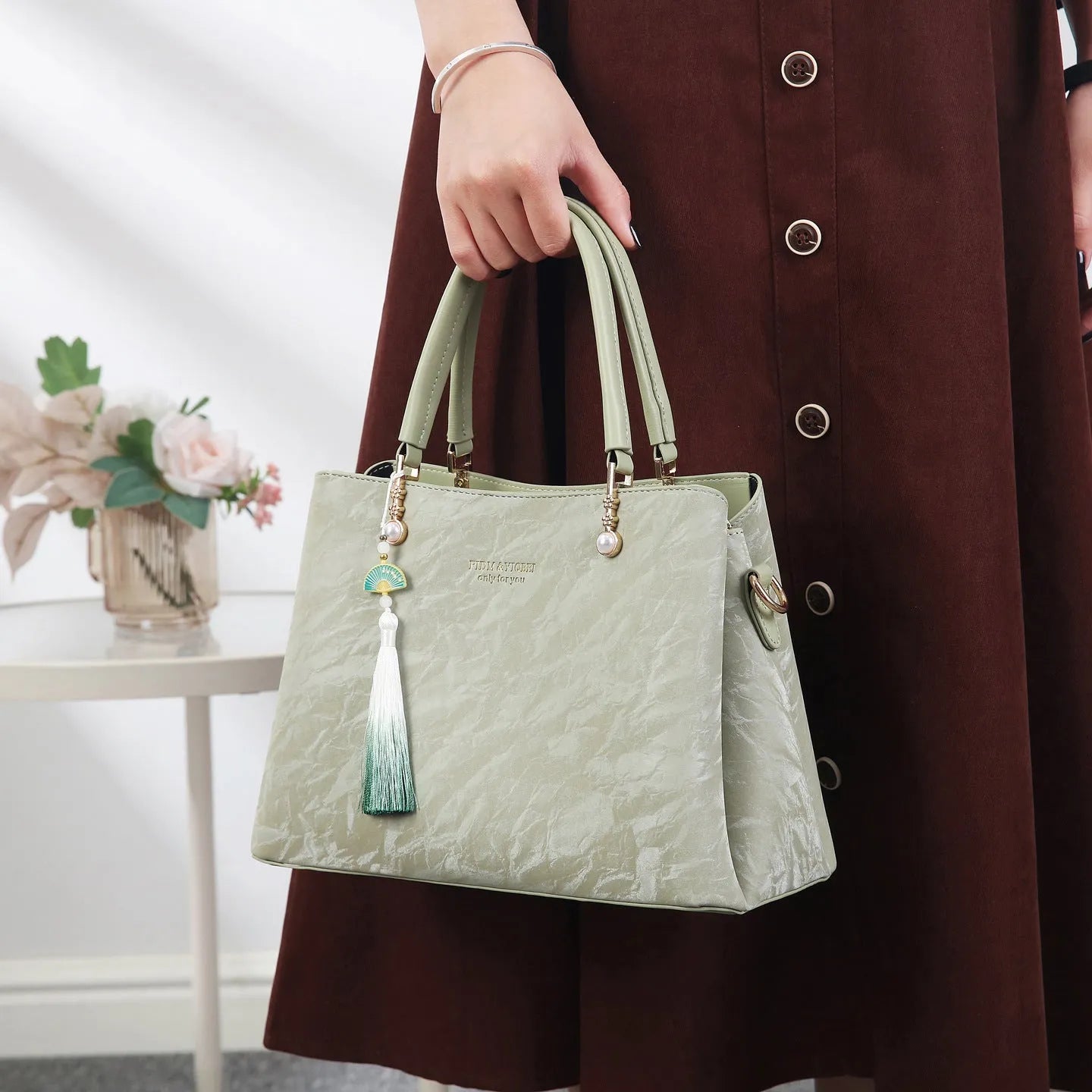 Women's horizontal square PU leather shoulder bag in ethnic style colours