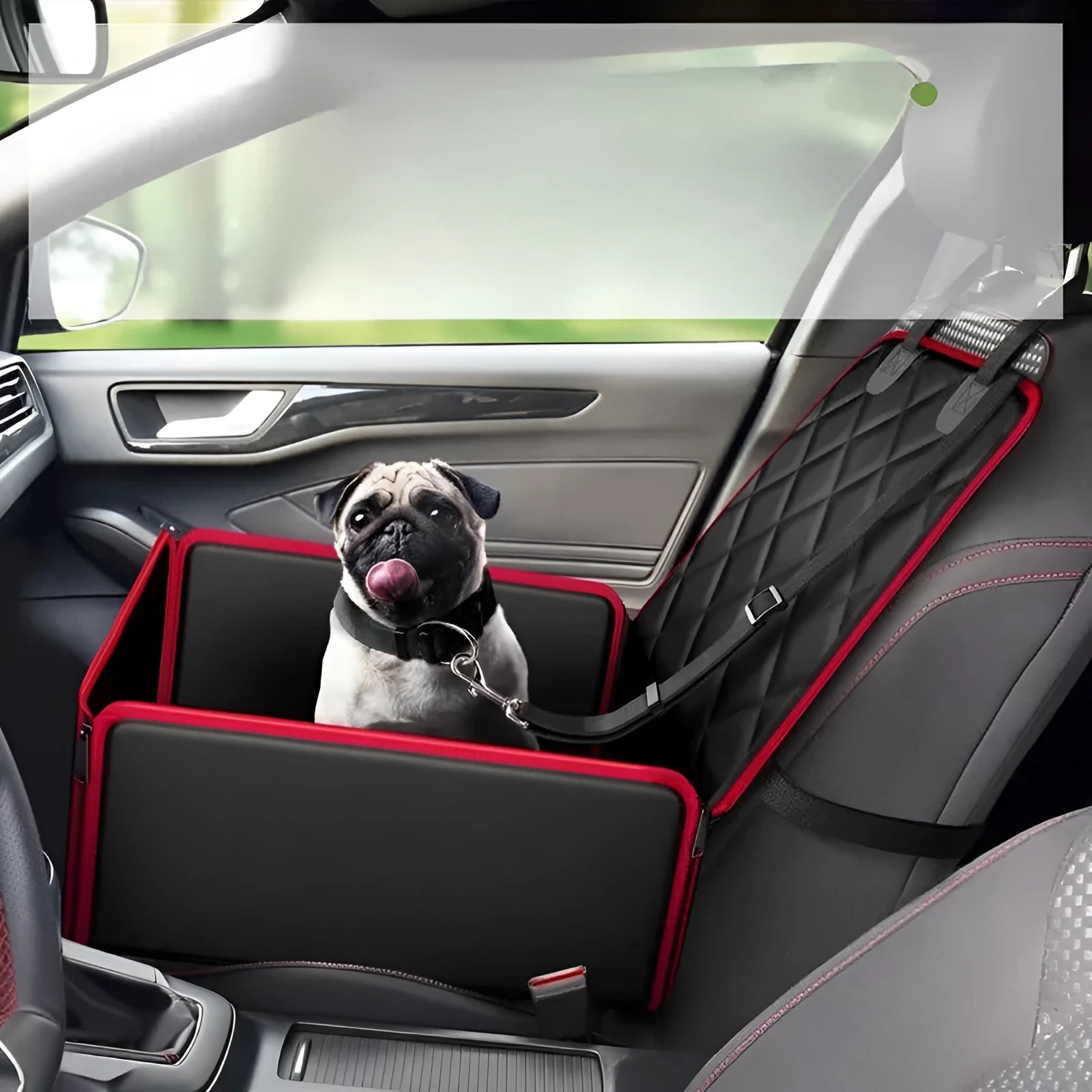 Black car pet pad for dogs on a front seat, showing its non-slip base and 42cm square size.