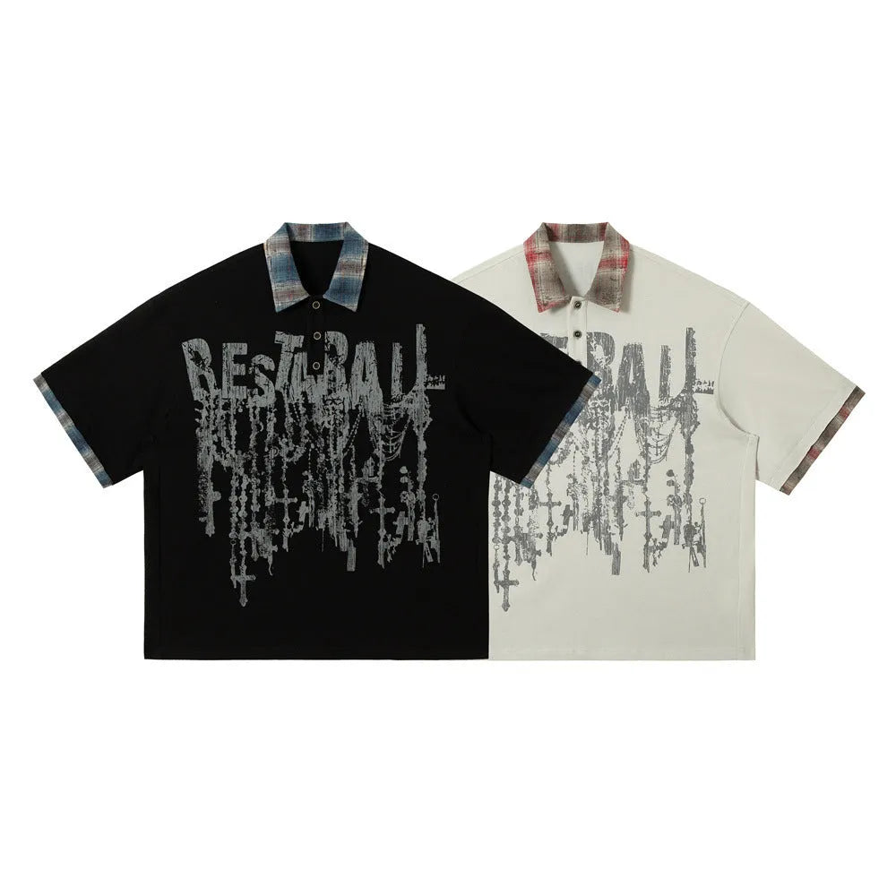 Men's loose blue short-sleeved top with asymmetric cut and graffiti print on the lapel.
