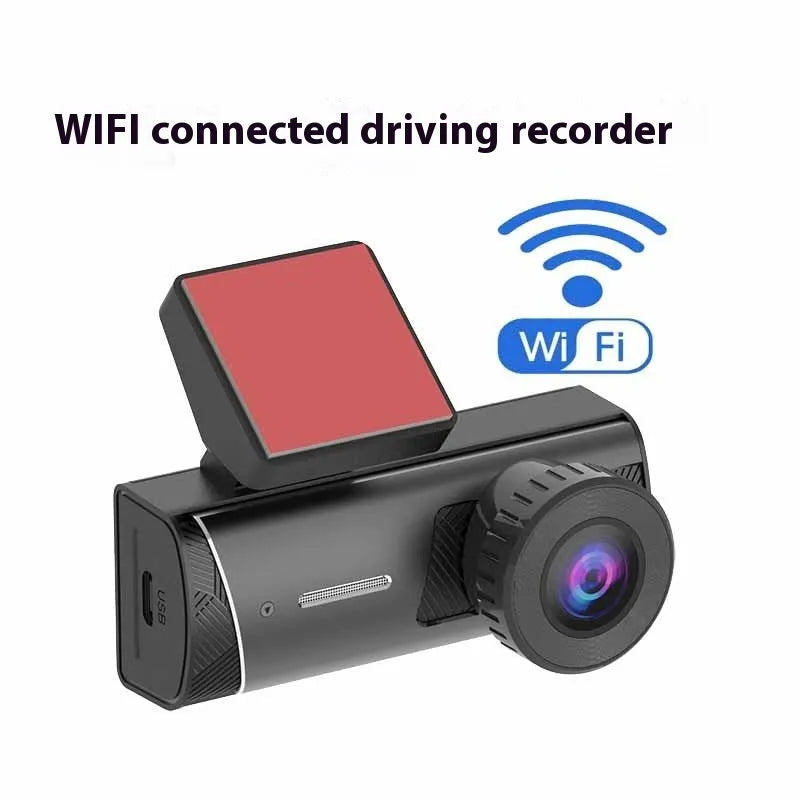 Black Wi-Fi dashcam with wide-angle lens for car installation and mobile playback