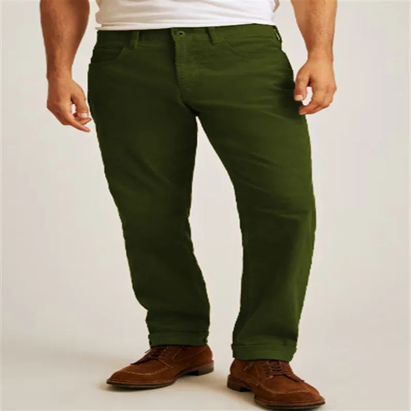 Men's solid colour corduroy trousers showing straight-leg cut and mid-waist design in green colour option