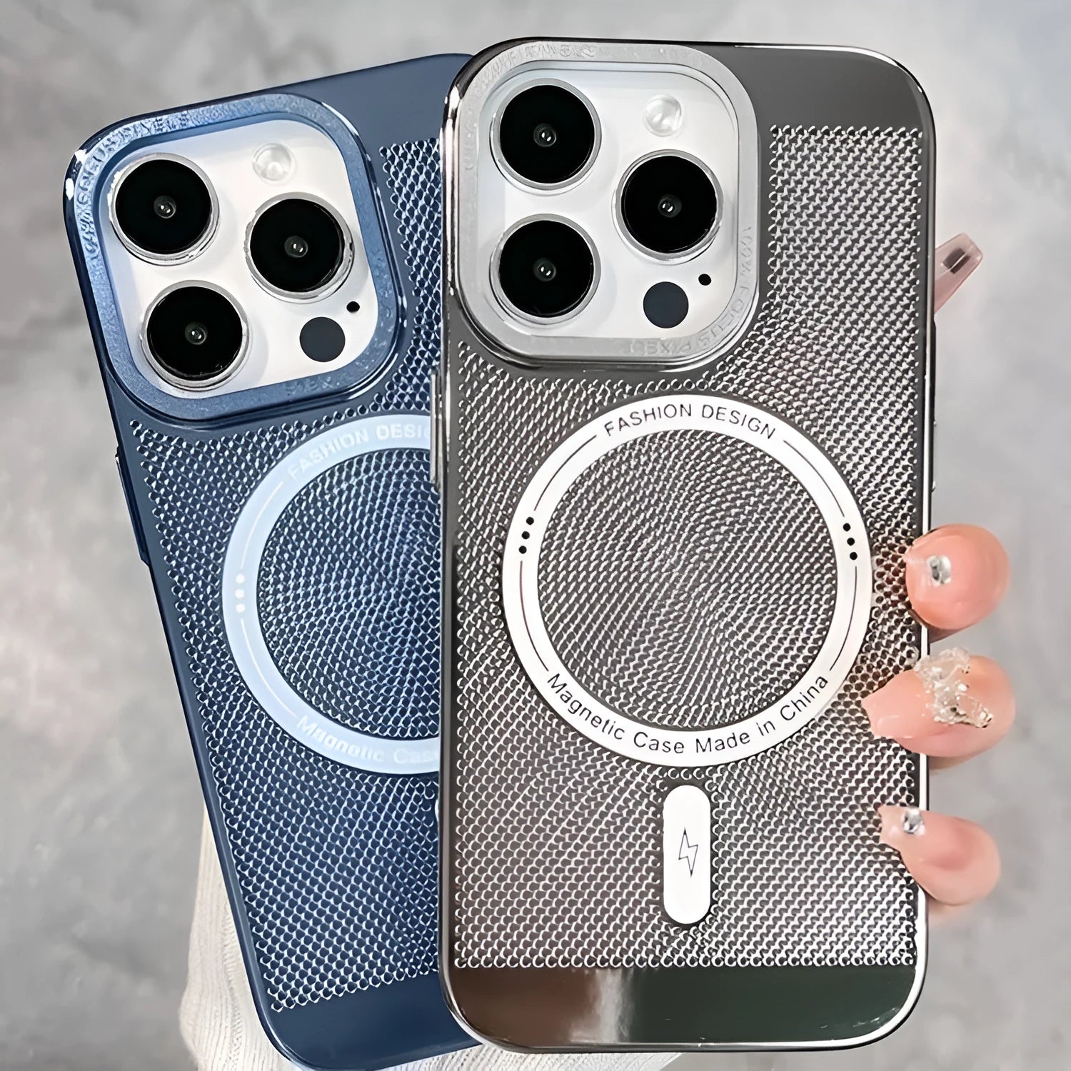 Electroplated metallic magnetic phone case for iPhone, shown in silver colour with strong magnet and heat dissipation design.