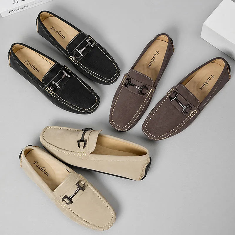 Men's casual loafers in beige with round toe design and rubber sole