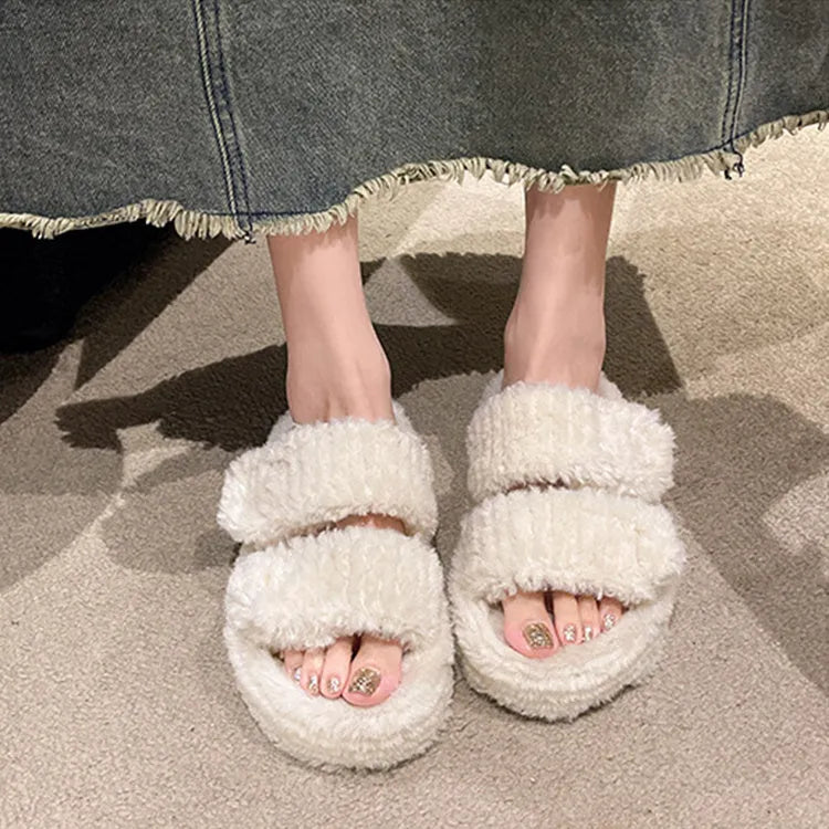 Winter slippers with plush upper, artificial wool lining, rubber sole, round toe, in white black or milk tea colour