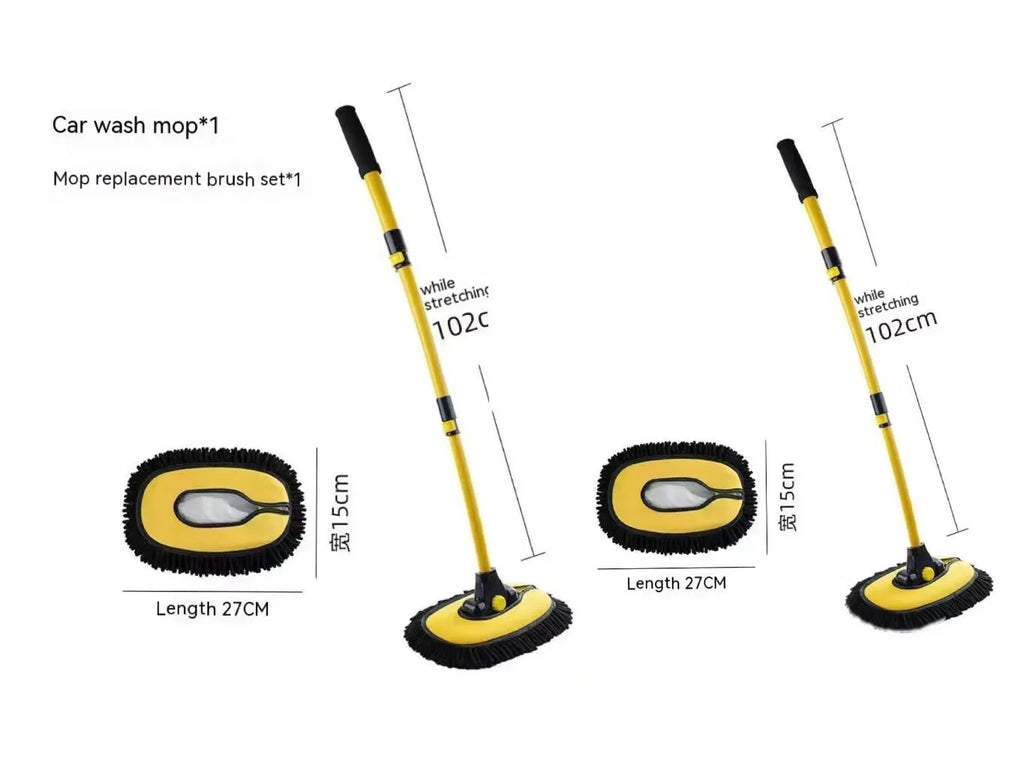 Telescopic car cleaning brush with aluminium curved rod and replaceable chenille brush head in blue and yellow colour options