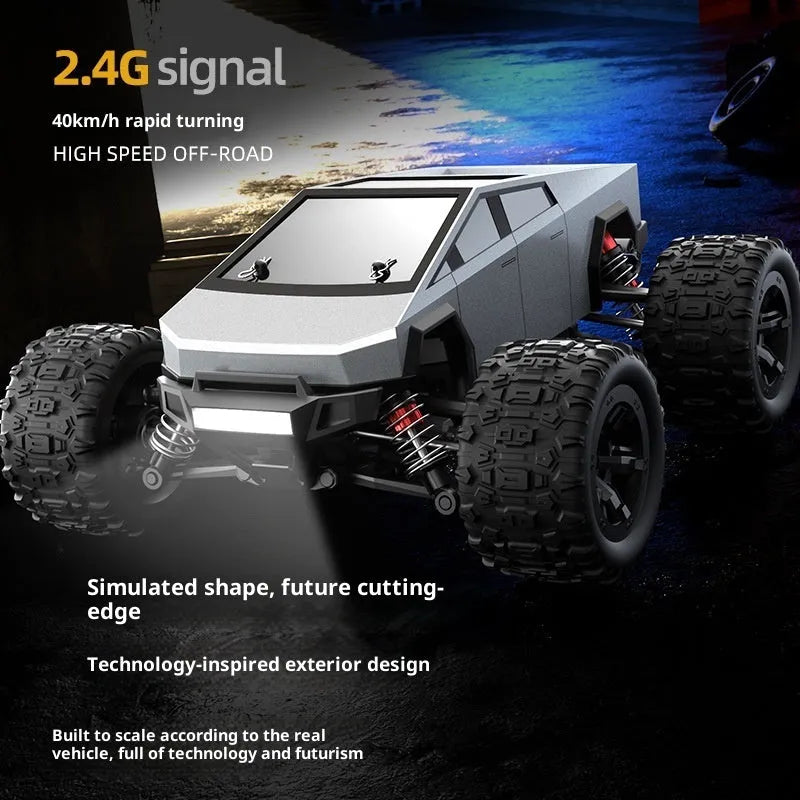 Four-wheel drive brushless remote control car in black with orange wheels on rough ground