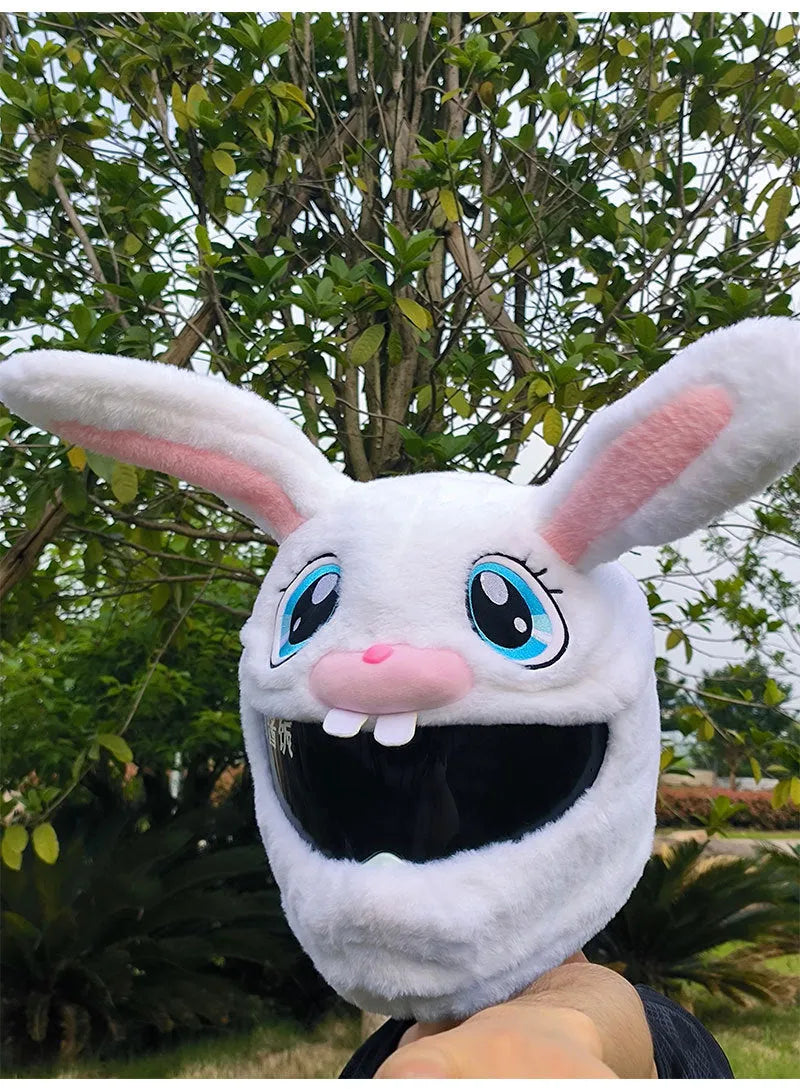 White rabbit plush helmet cover for electric motorcycle with long ears.