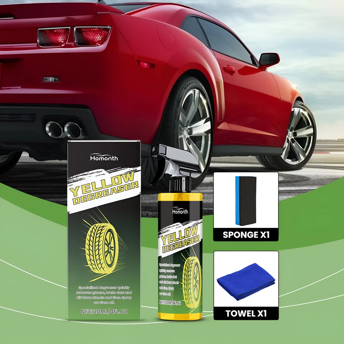 120ml car wheel cleaner bottle with sponge and square towel for rust and stain removal on wheels