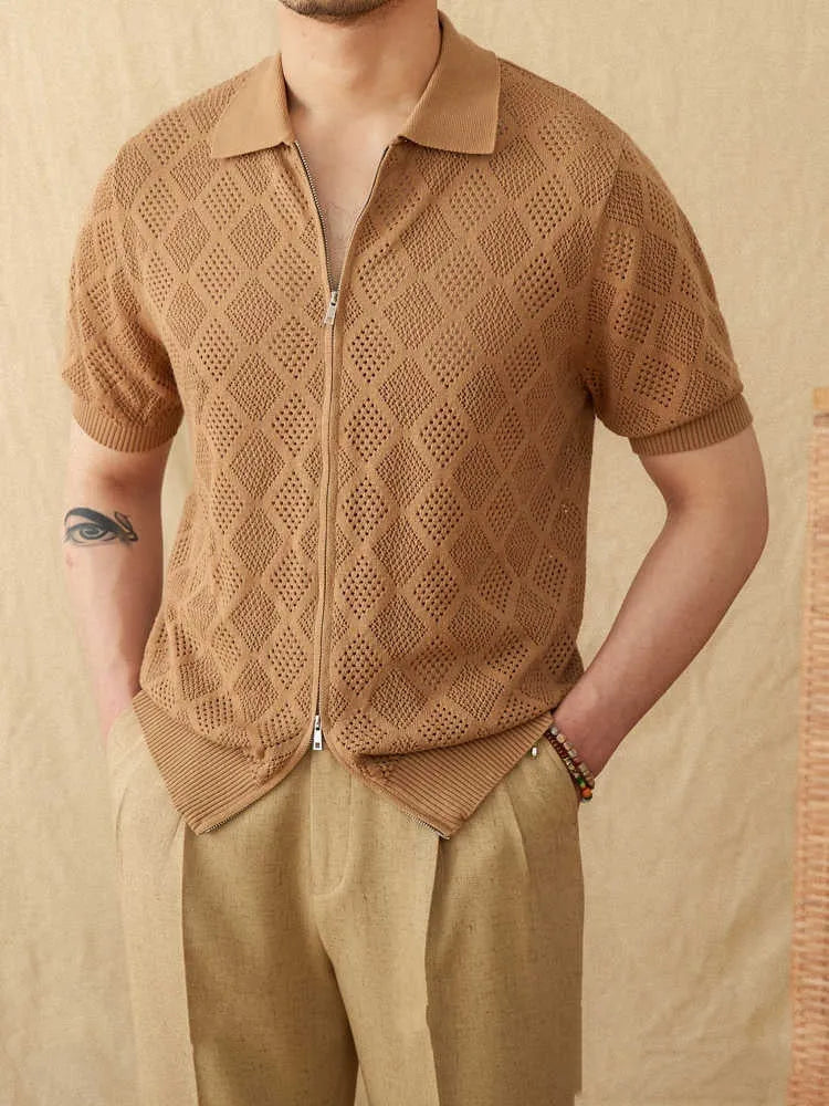 Light brown cotton casual cardigan with zipper and lapel collar on a hanger.
