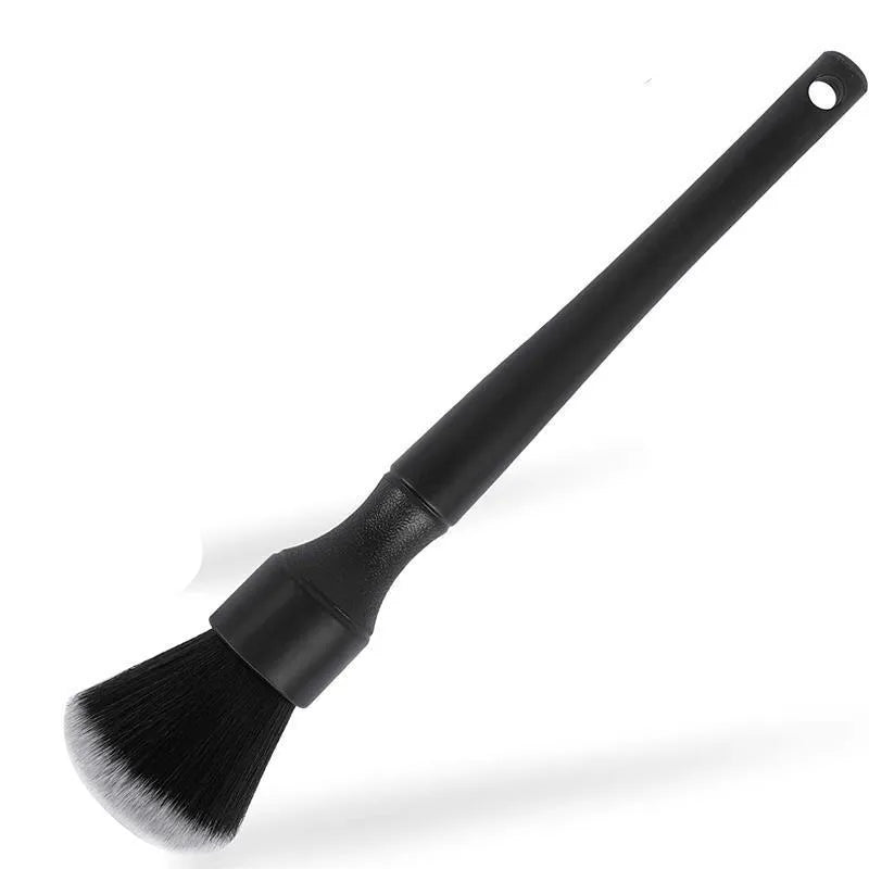 Black car detailing brush with soft pig hair bristles and a PP handle shown in two sizes.