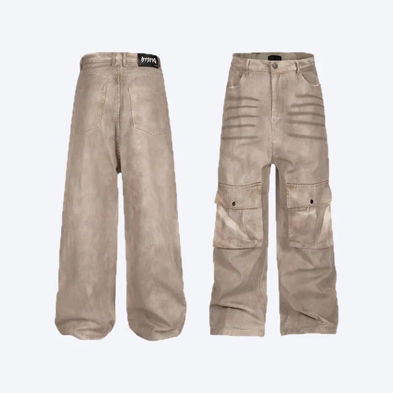Marble dark straight loose A-line casual trousers in pure cotton denim fabric