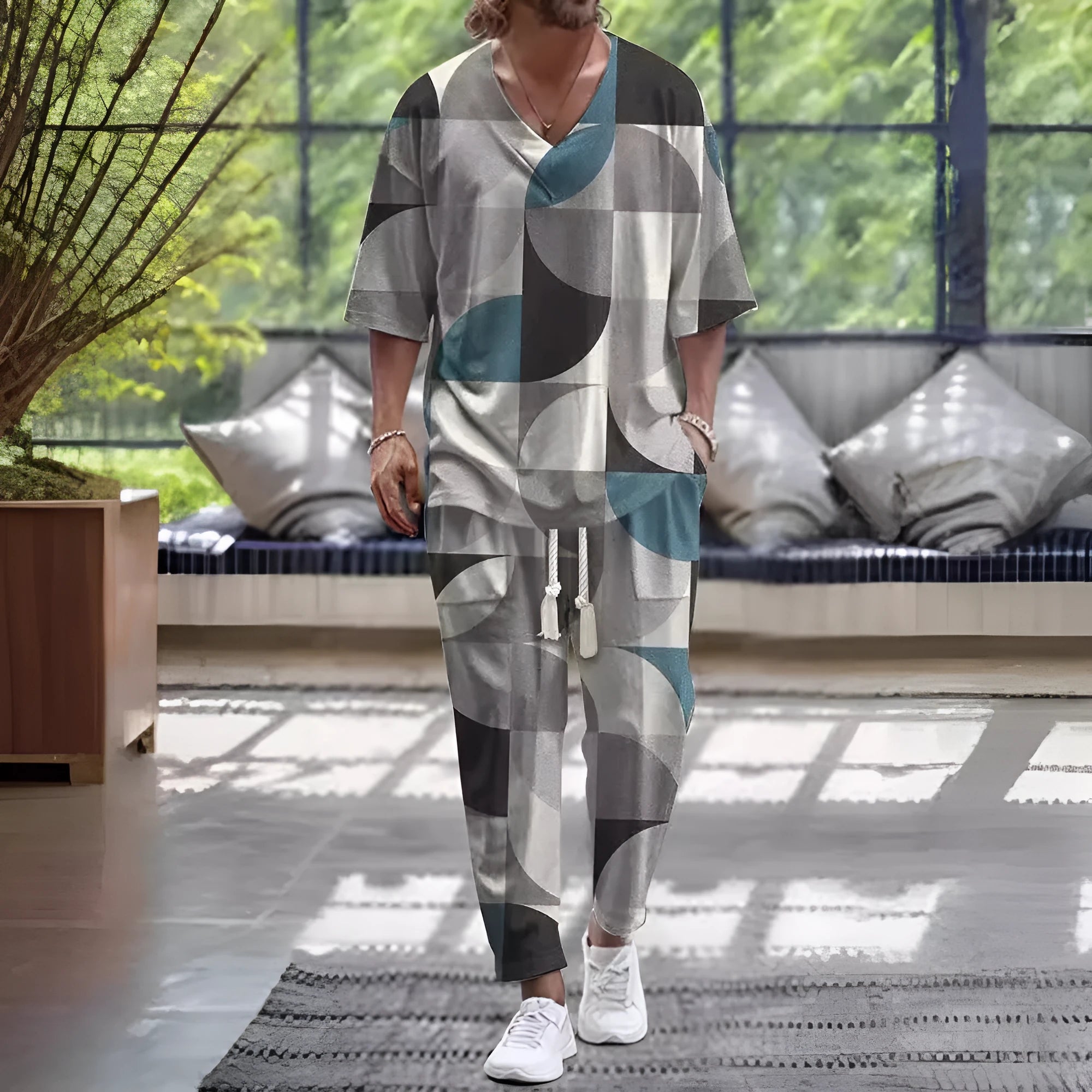 V-neck cropped sleeve jacket and matching trousers suit in a thin polyester fabric