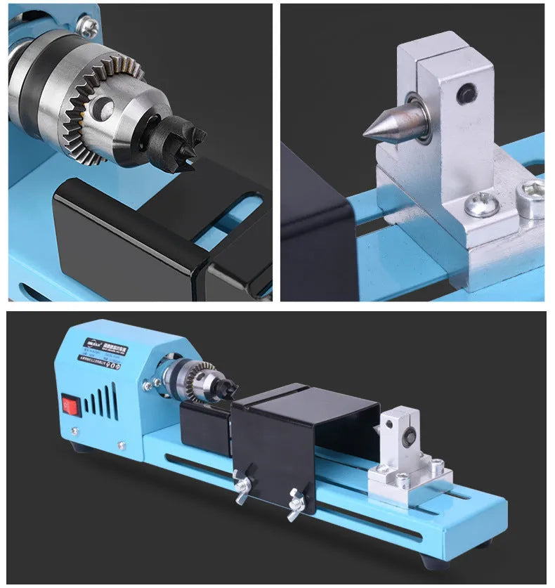 Blue mini DIY woodworking lathe with protective cover on desktop, 150W motor, steel chuck, and accessories