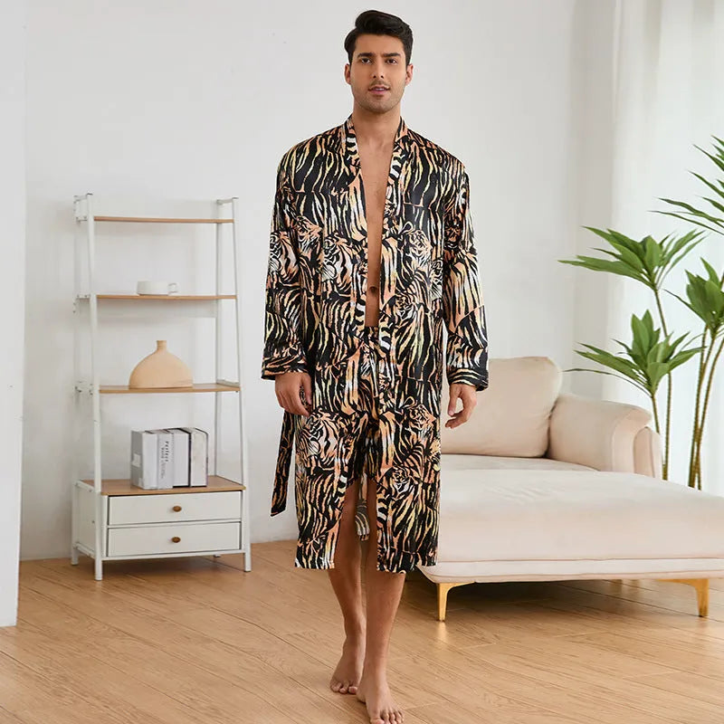 Men's tiger pattern bathrobe set with matching shorts in lightweight ice silk fabric