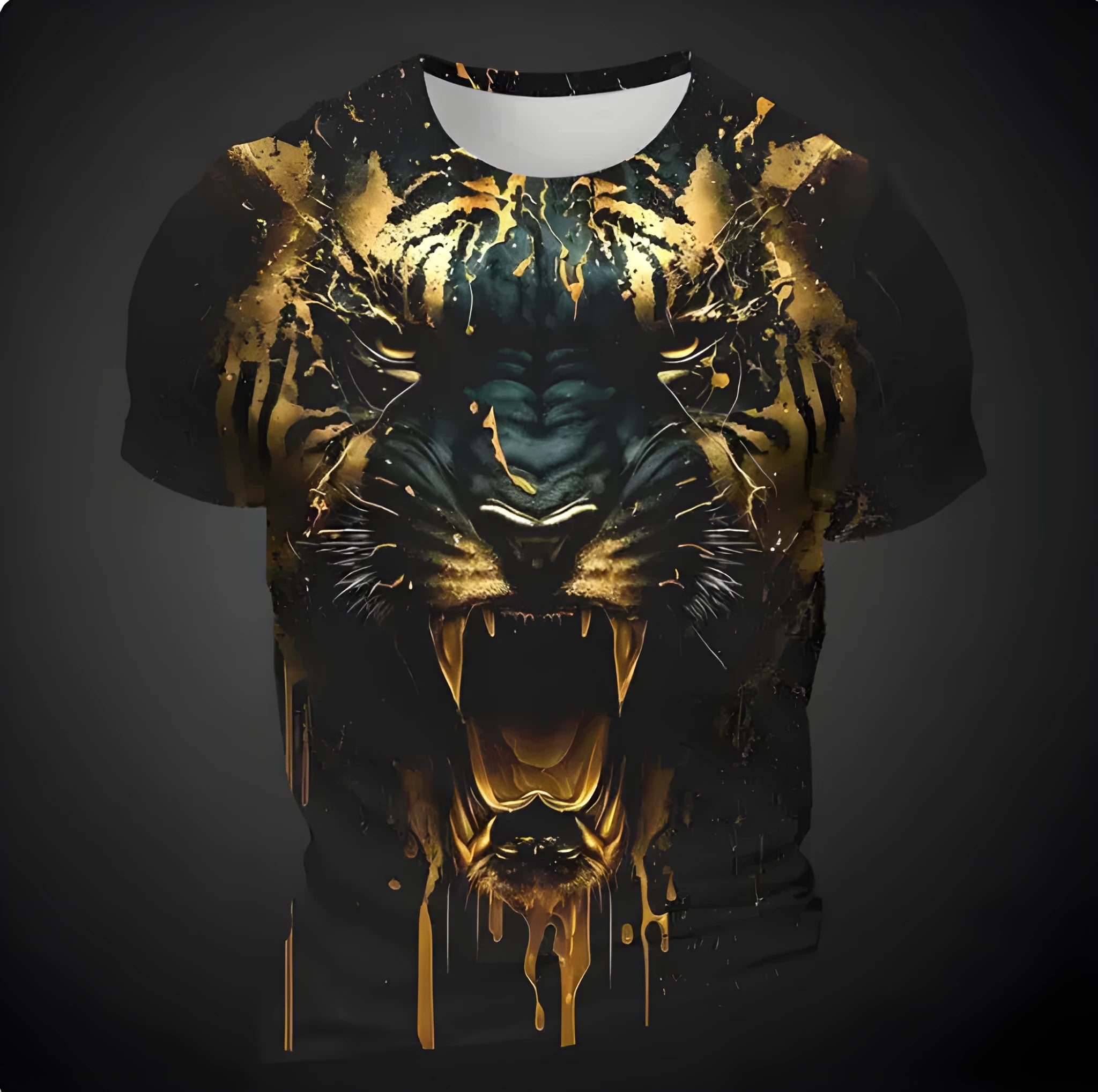 Men's grey T-shirt with a large, detailed 3D tiger head print on the front.