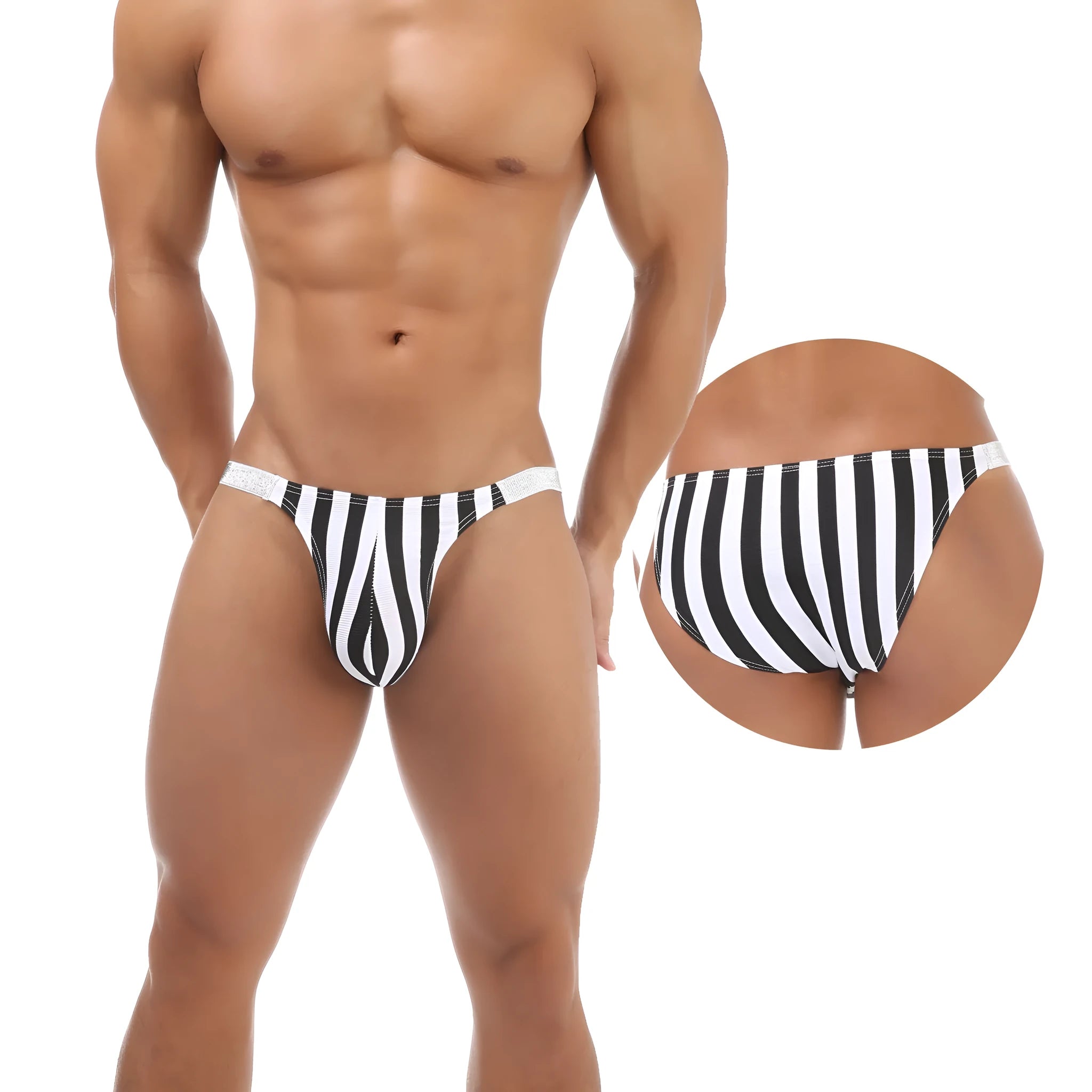 Men's zebra stripe pattern briefs in shiny nylon fabric with low-waist U-pouch design