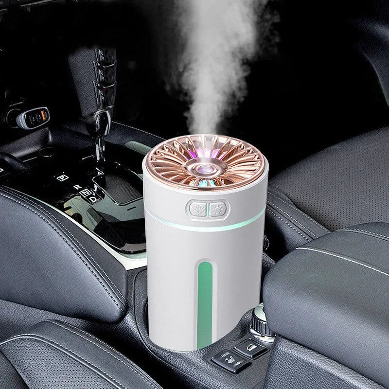 Black portable car humidifier with colourful lights on a car dashboard cup holder