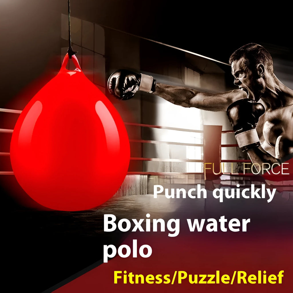 Red water-filled PVC boxing reaction ball with hook rope attachment for martial arts training