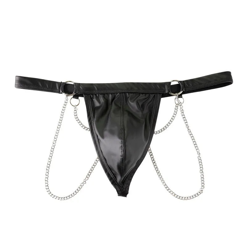 Black men's patent leather-look thong underwear with chain detailing on the front.