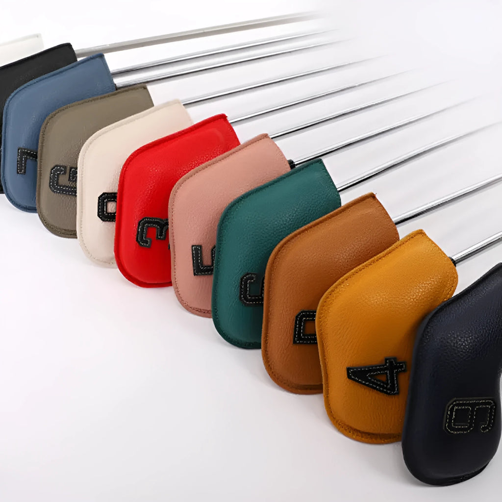 Set of 10 colourful PU leather golf club head covers with minimalist digital print designs.