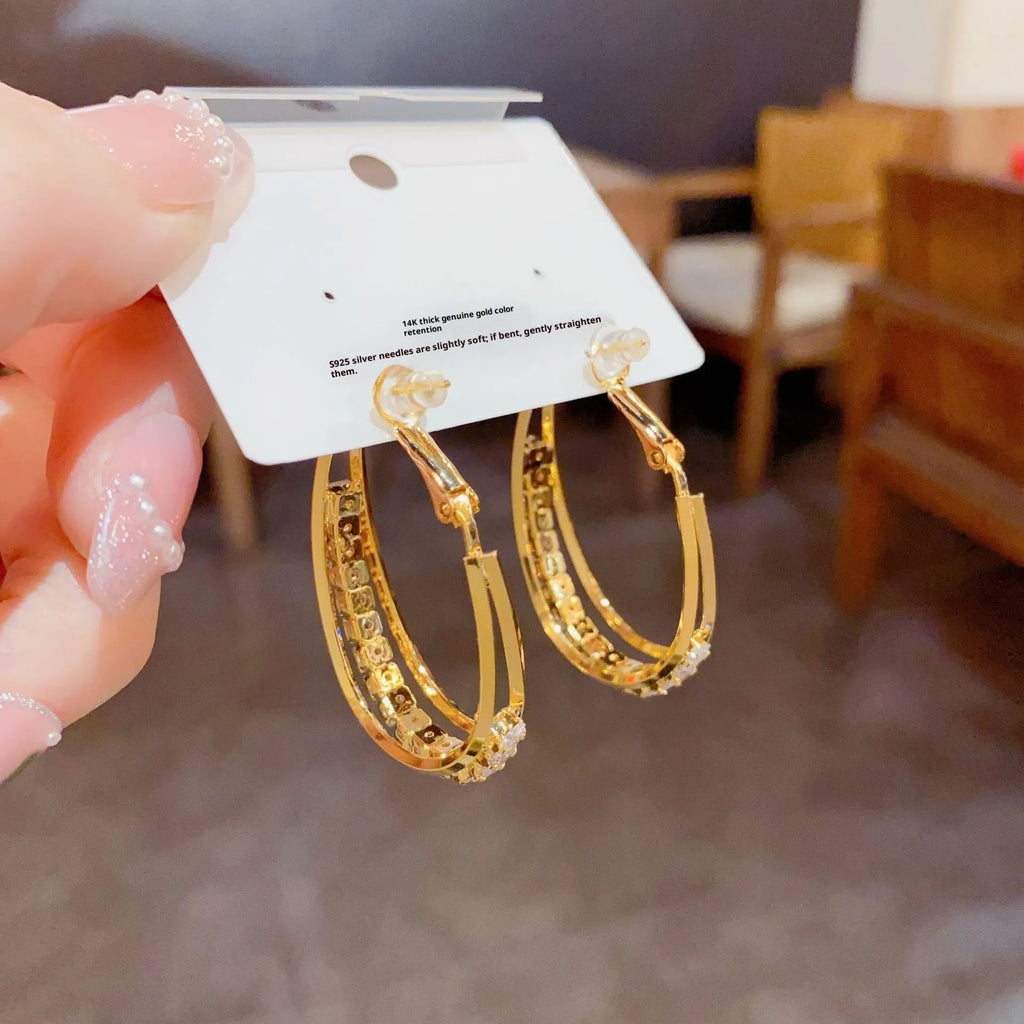Thick gold plated zircon oval earrings on copper base for women fashion OL style