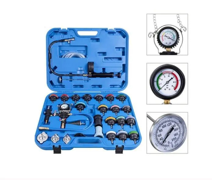 28-piece blue automotive cooling system pressure tester kit with vacuum purge and refill tools
