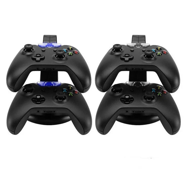 Black plastic dual Xbox One controller charger dock with two controllers, blue indicator light, 150x110x155mm