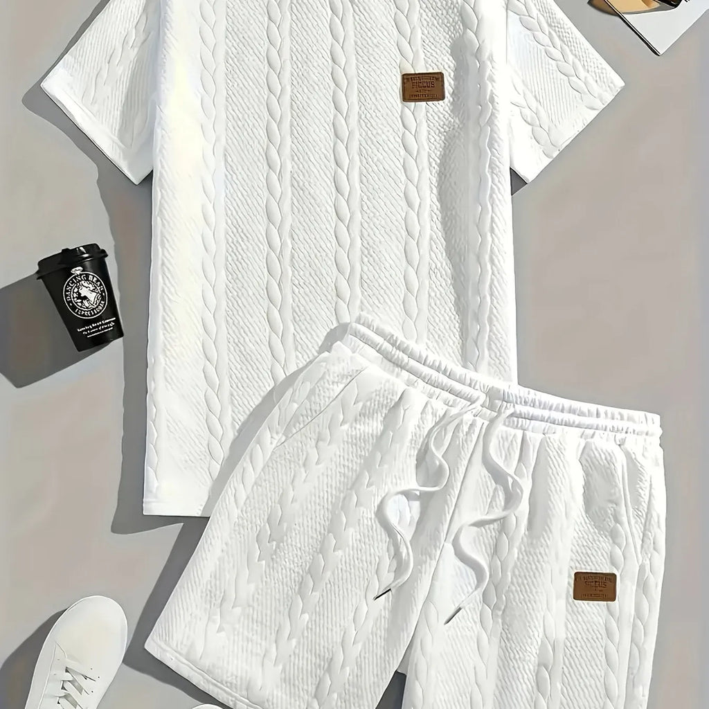 Men's black sports two-piece set with ribbed short sleeve top and matching shorts