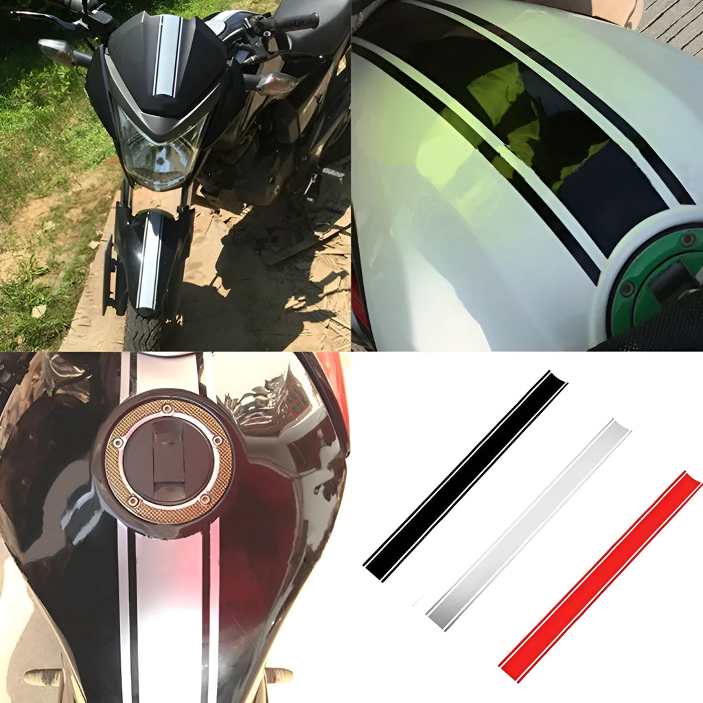 Motorcycle reflective pinstripe decal strip in black, red, silver, and yellow colours.