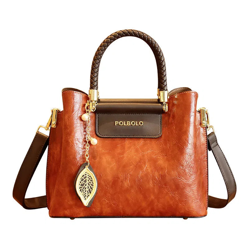 Genuine leather large-capacity tote bag for women mid-age mom style horizontal rectangular shape
