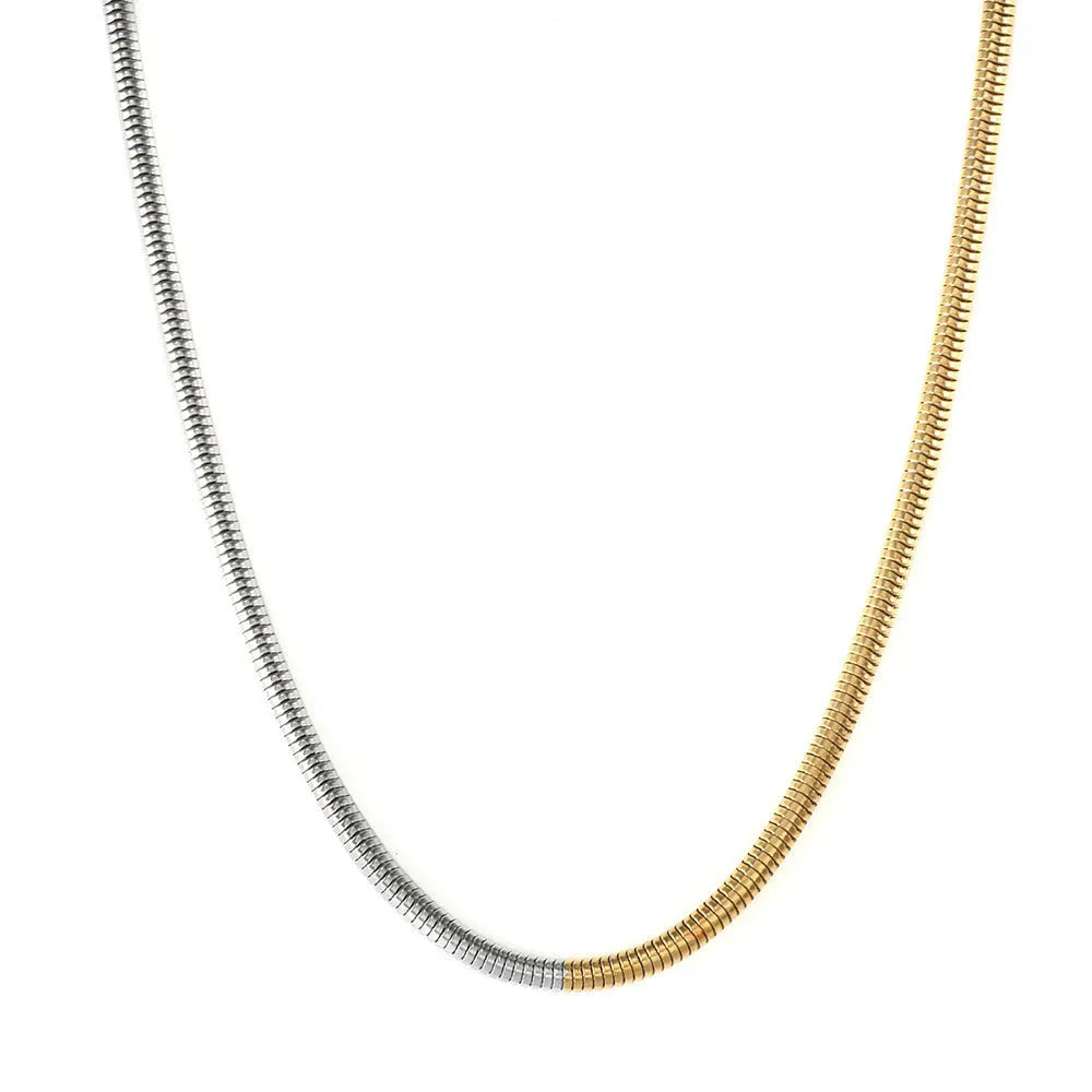 Women's cold golden 3mm wide stainless steel snake bones chain necklace, geometric design.