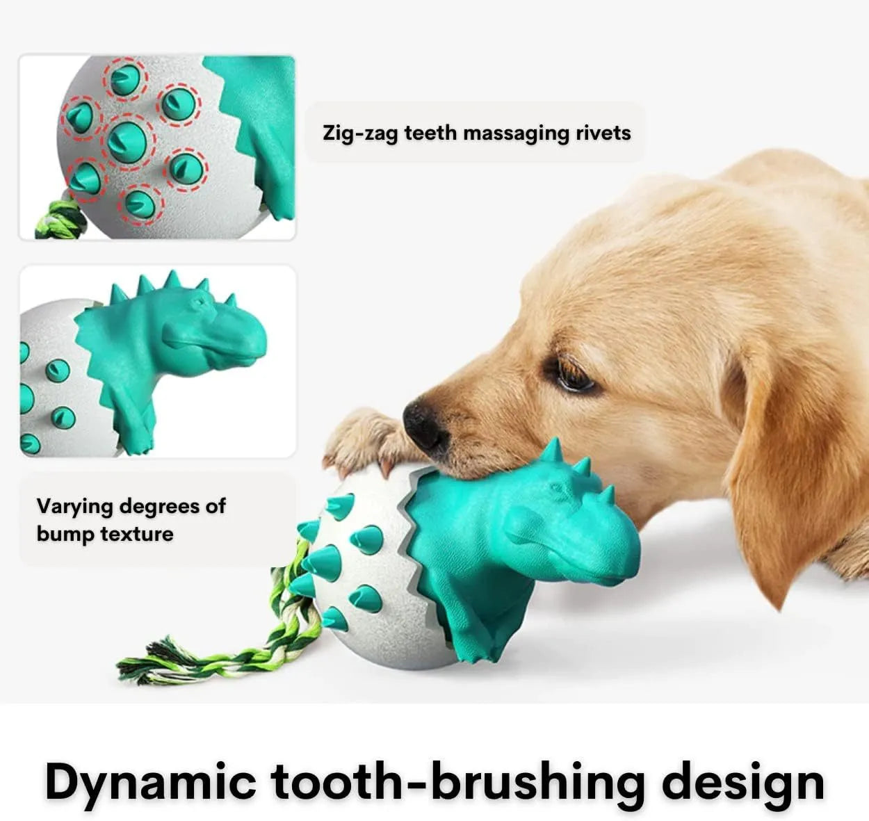 Blue dinosaur-shaped dog chew toy with rope attached for tug games